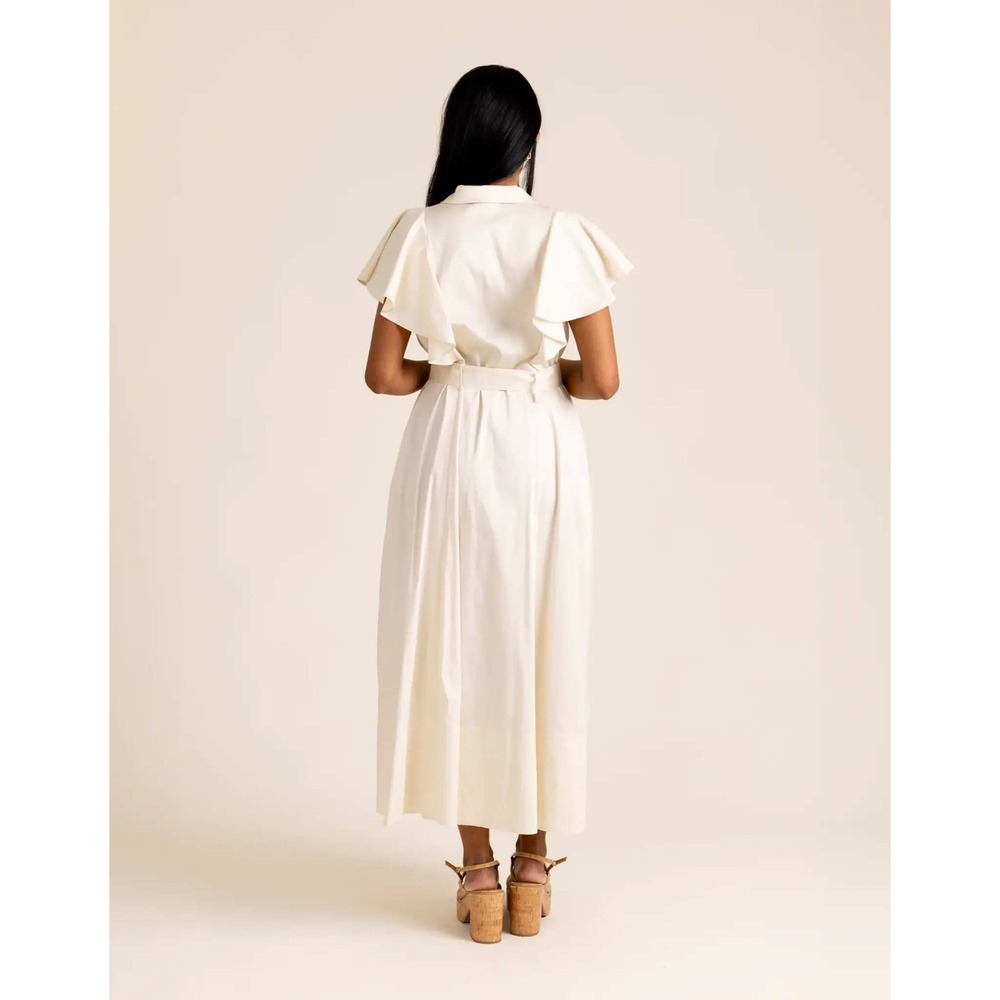 Alden Adair Button Front Dress Women Sz S Cream Ruffle Flutter Sleeve Belted - Picture 2 of 13